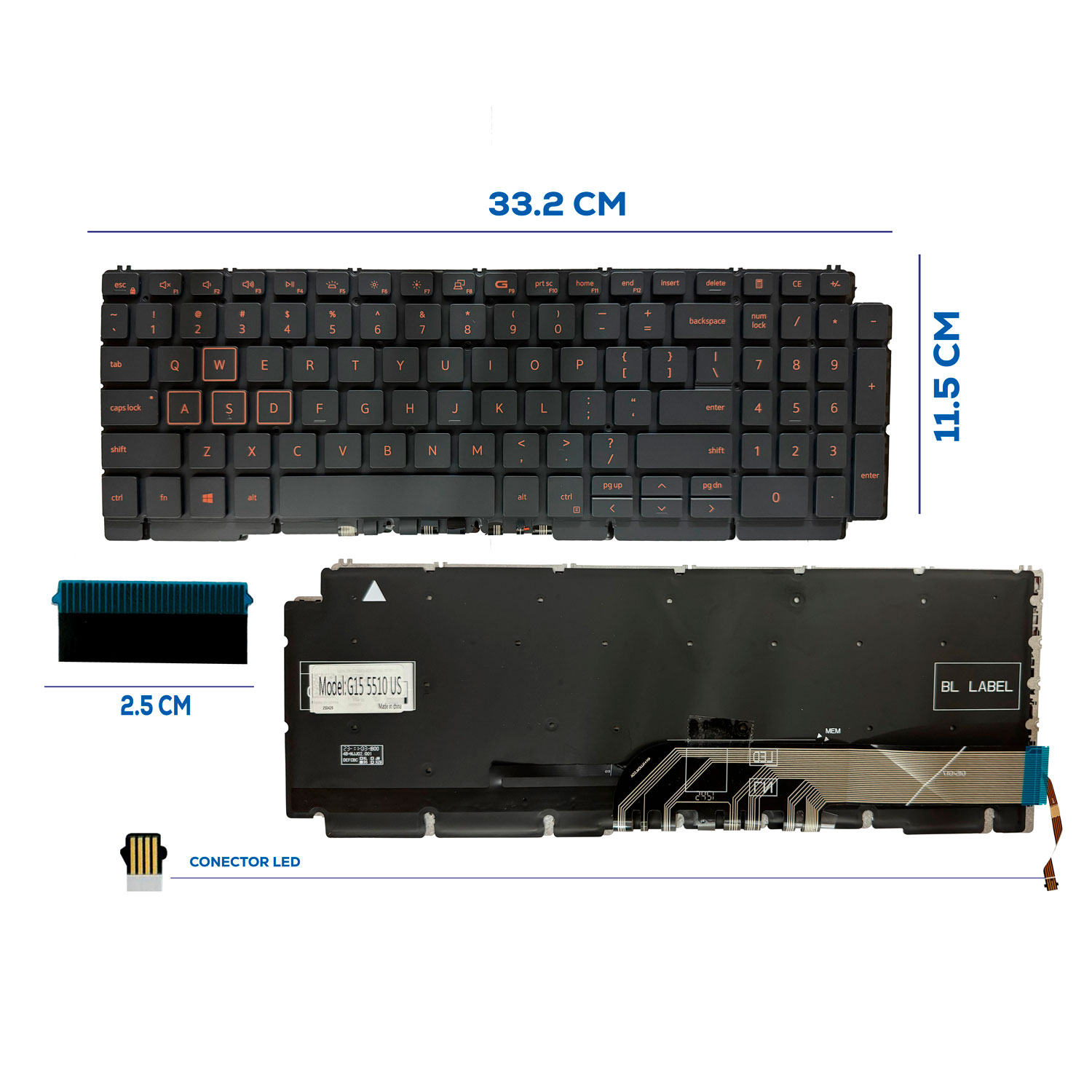 TECLADO DELL G15 5510 5511 5515 5520 0H4XRJ CON BACKLIGTH ROJO SIN FRAME BOTON POWER EN LA LAPTOP US NUMÉRICO (253)
