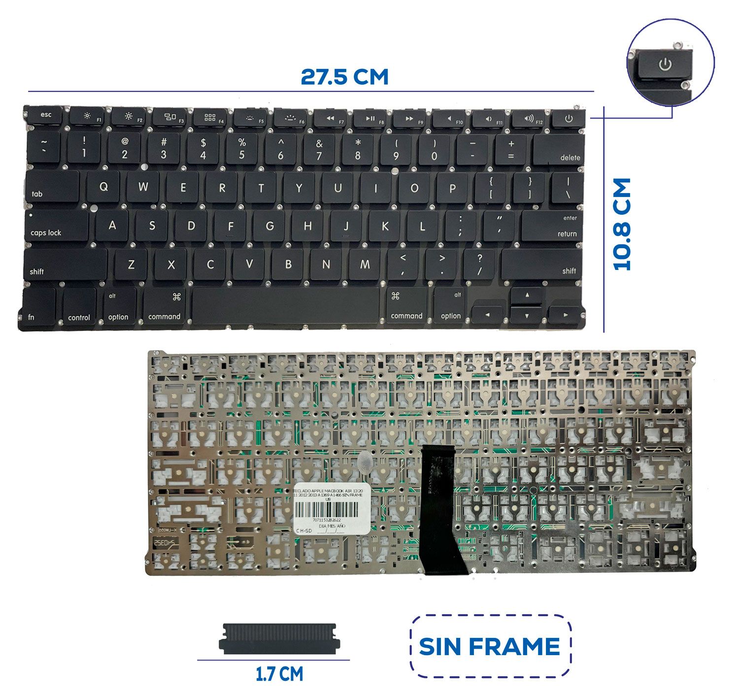 TECLADO APPLE MACBOOK AIR 13 2011 2012 2013 A1369 A1466 SIN FRAME US (3)