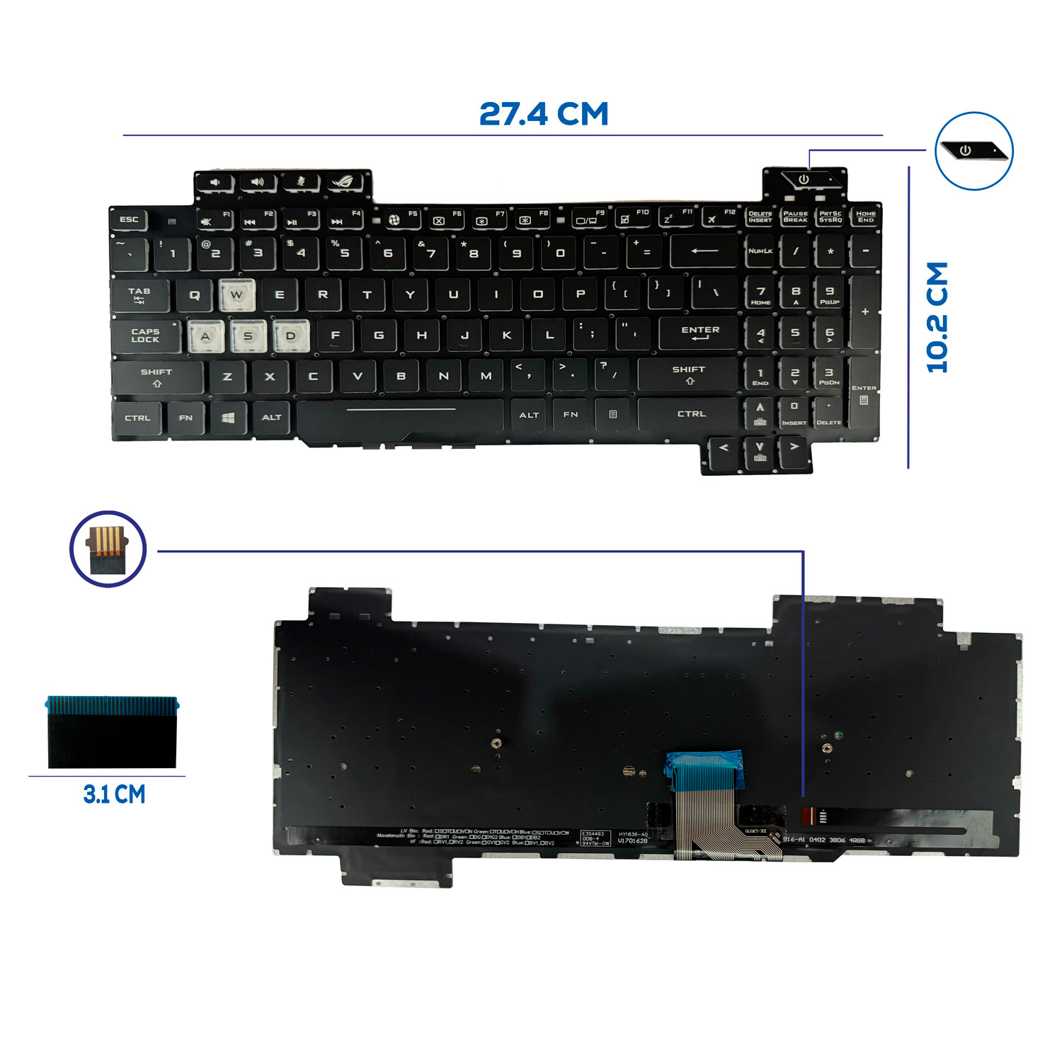 TECLADO ASUS ROG STRIX GL504G GL504GM GL504V GL504GS GL504GV GL504GW CON BACKLIGTH BOTON POWER SIN FRAME US NUMERICO (244)