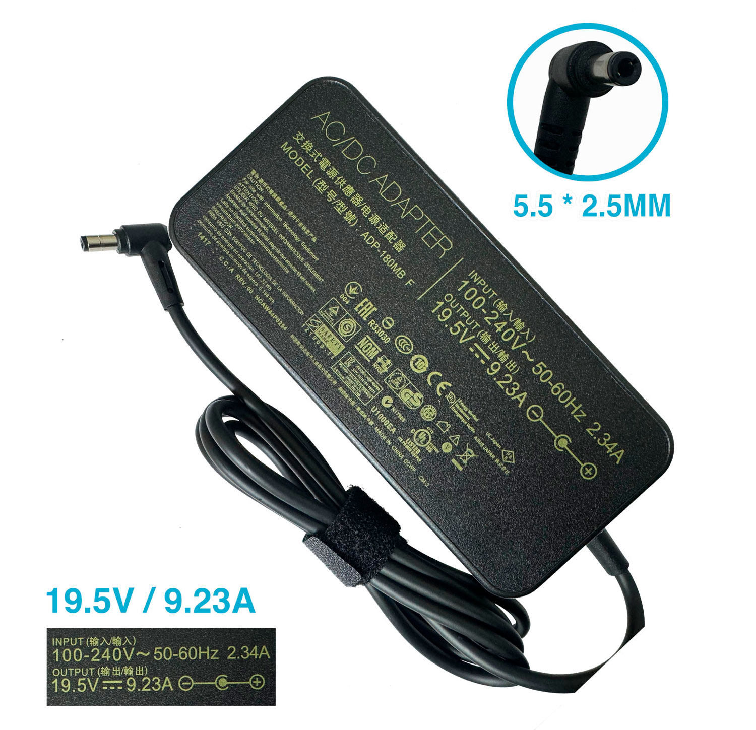 CARGADOR ASUS MSI GAMER 19.5V/9.23A/180W/ 5.5X 2.5MM