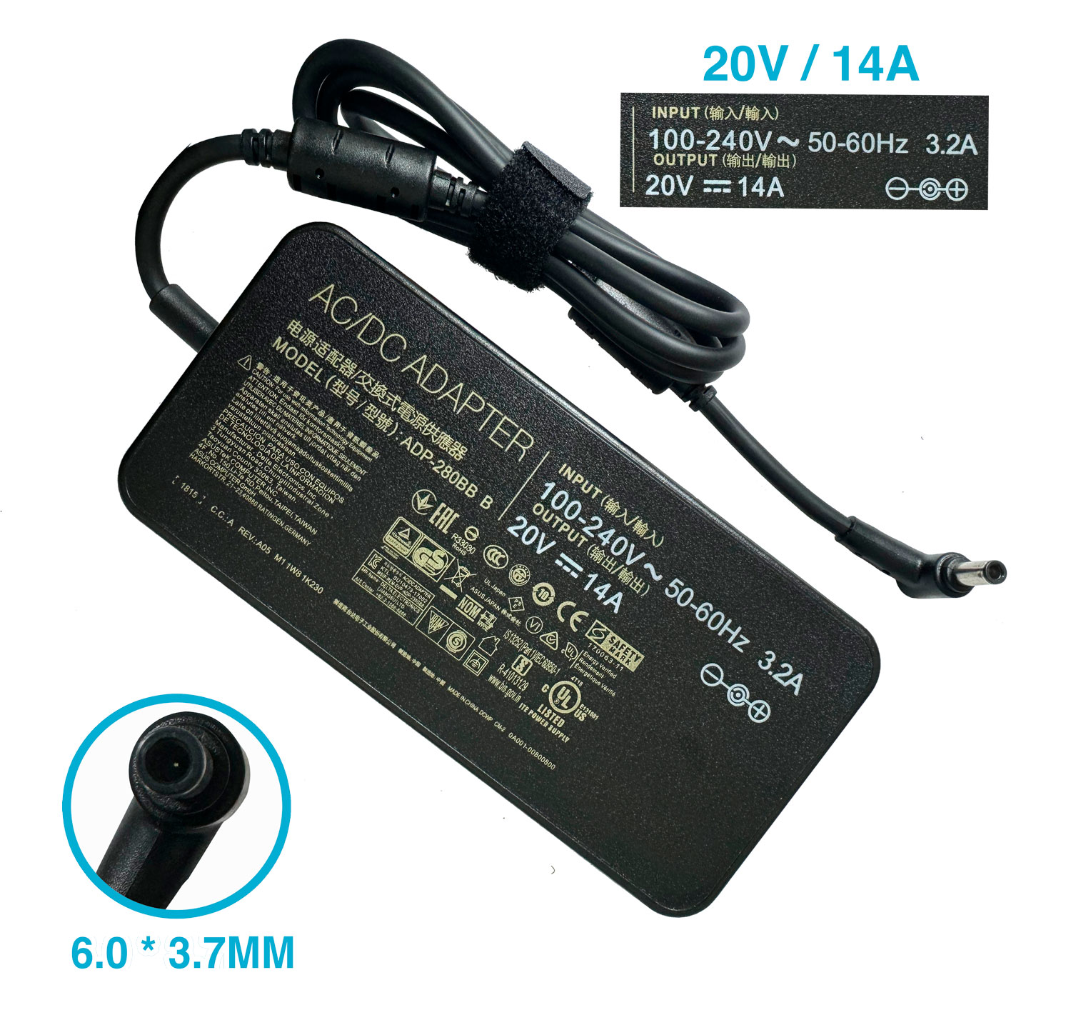 CARGADOR ASUS 20V 14A/280W/6.0X3.7MM PLUG NEGRO
