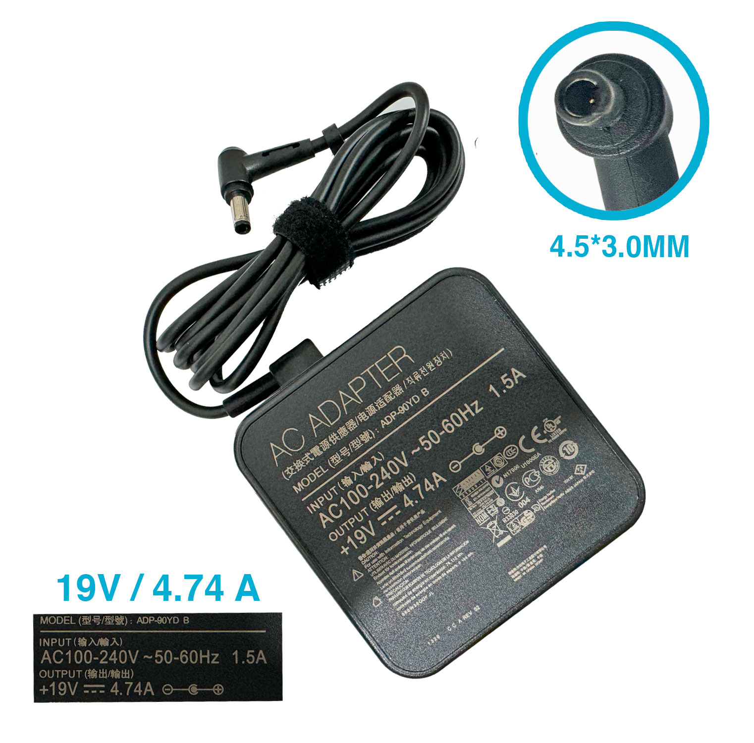 CARGADOR ASUS 4.5X3.0MM 19V 4.74A 90W SQUARE