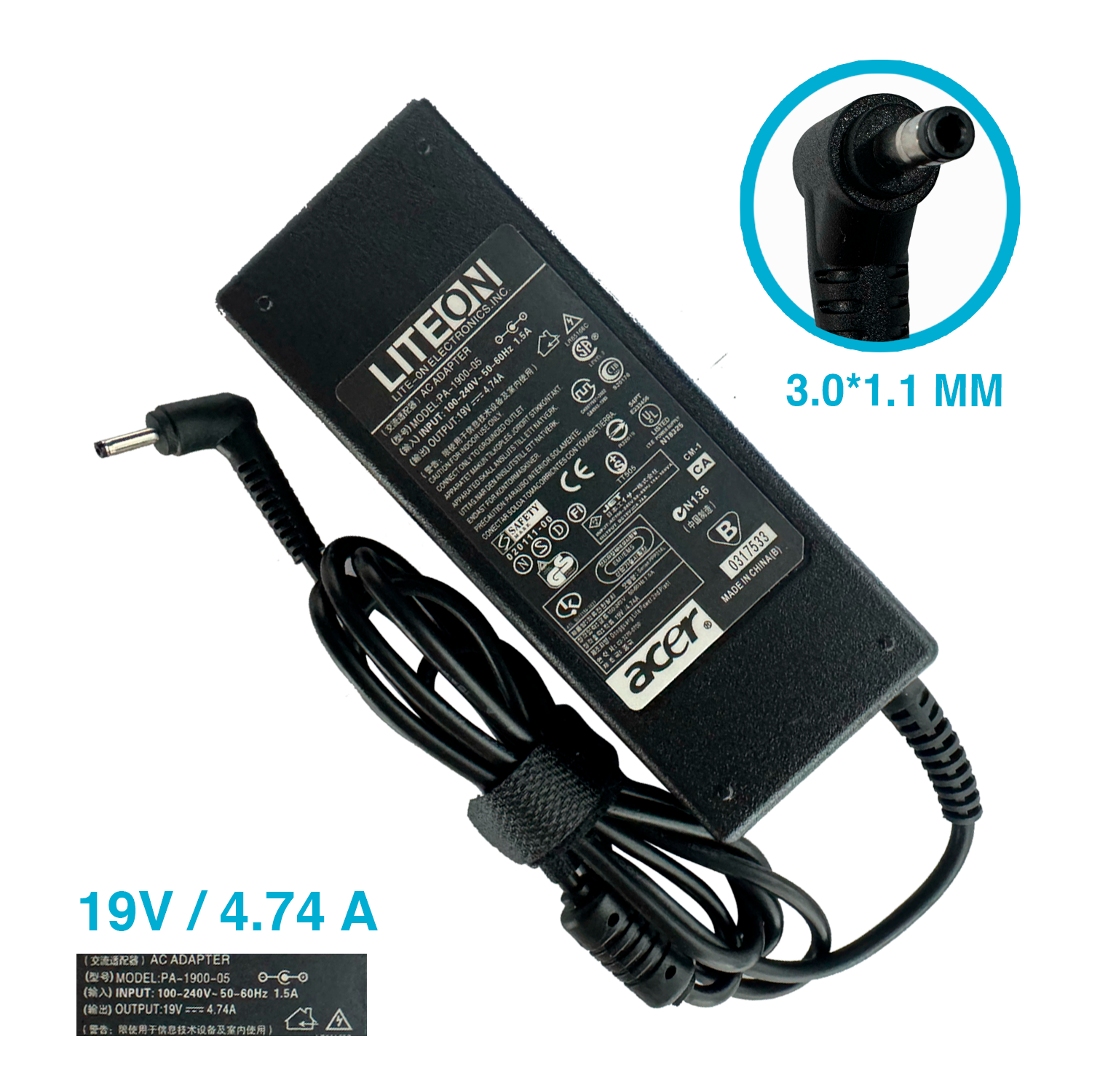 CARGADOR ACER 3.0X1.1MM 19V 4.74A 90W FINO