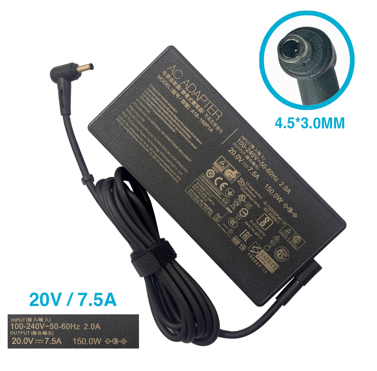 CARGADOR ASUS DELTA MSI 20V 7.5A 150W/4.5X3.0MM PLUG NEGRO