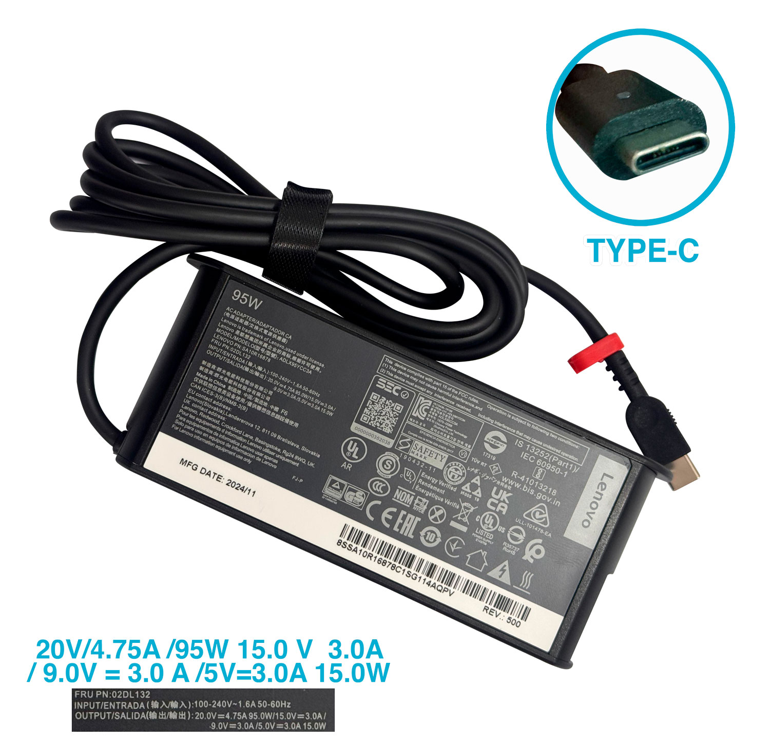 CARGADOR LENOVO 20V/2.31 3.25 4.75A/15V/3.0A/45W65W 95W PLUG TIPO C