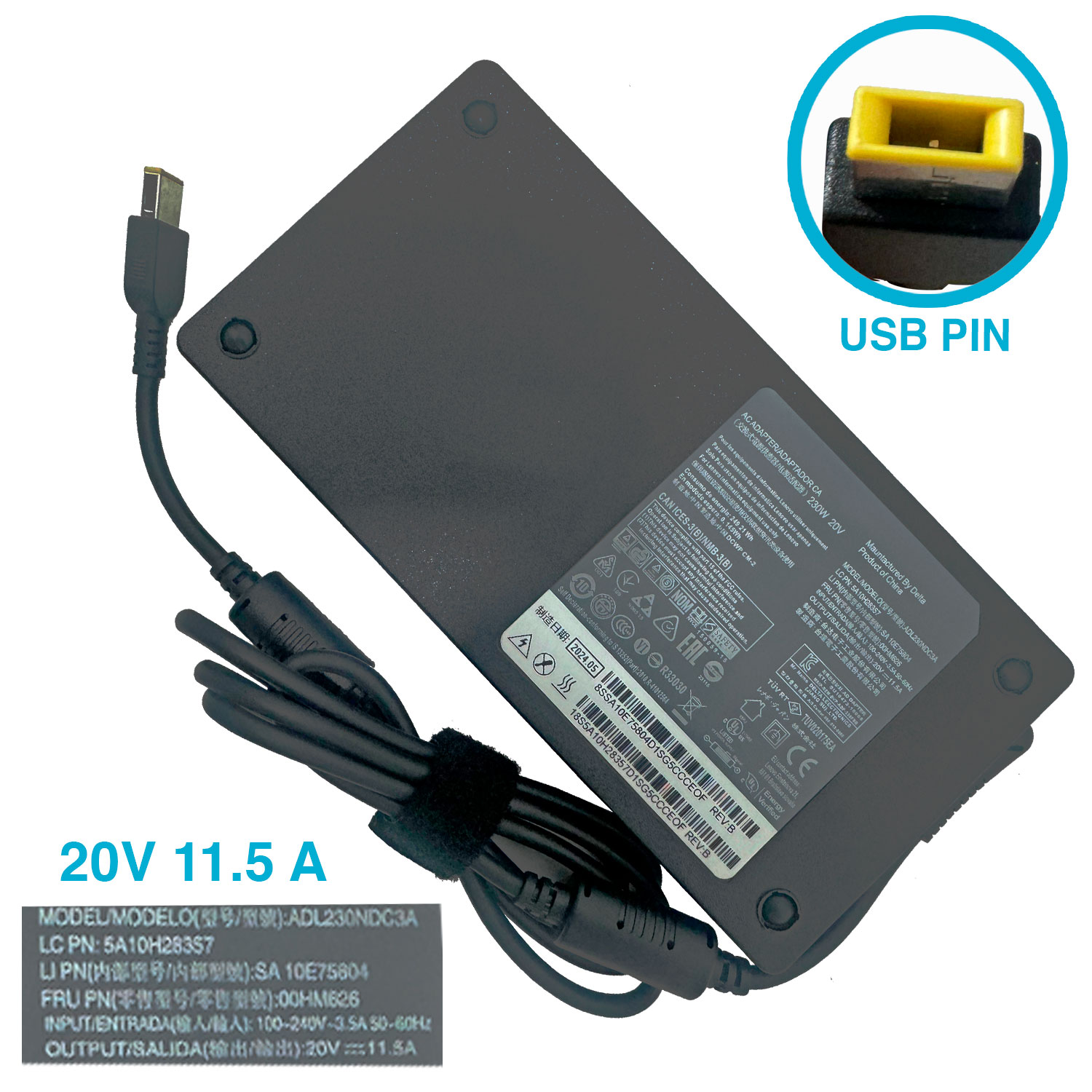 CARGADOR LENOVO TIPO USB 20V/11.5A/230W