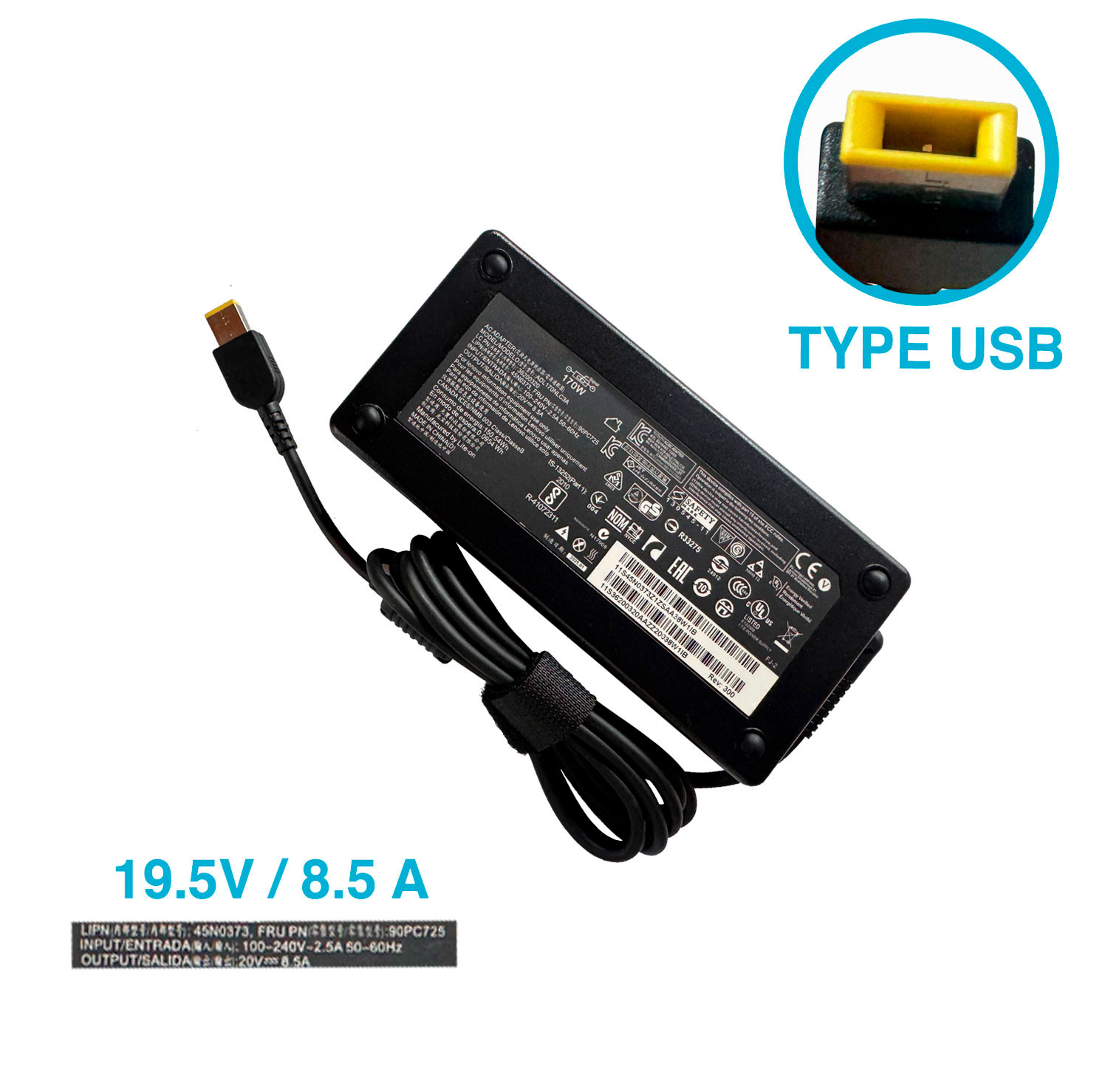 CARGADOR LENOVO 20V/8.5A/170W PLUG RECTANGULAR USB