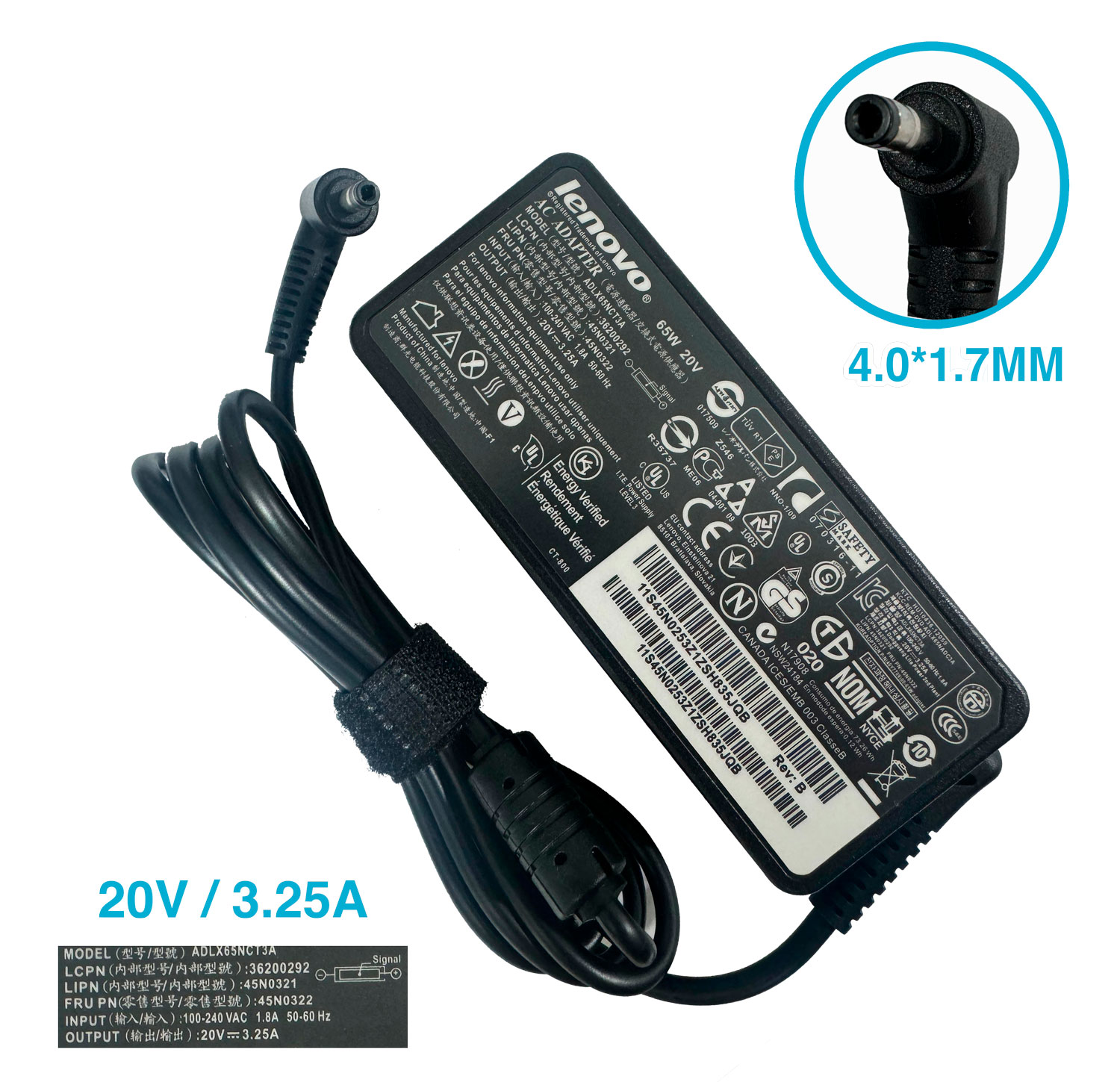 CARGADOR LENOVO FINO 4.0X1.7MM 20V 3.25A