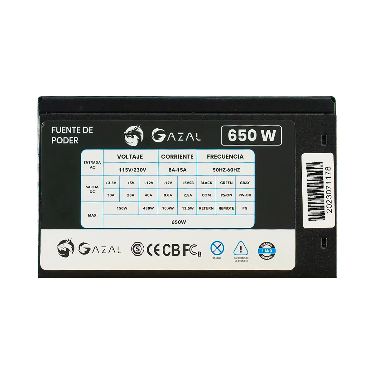 FUENTE DE PODER GAZAL ATX-650W100V-220V24 PINES50-60HZ INCLUYE CABLE DE PODER - Imagen 2