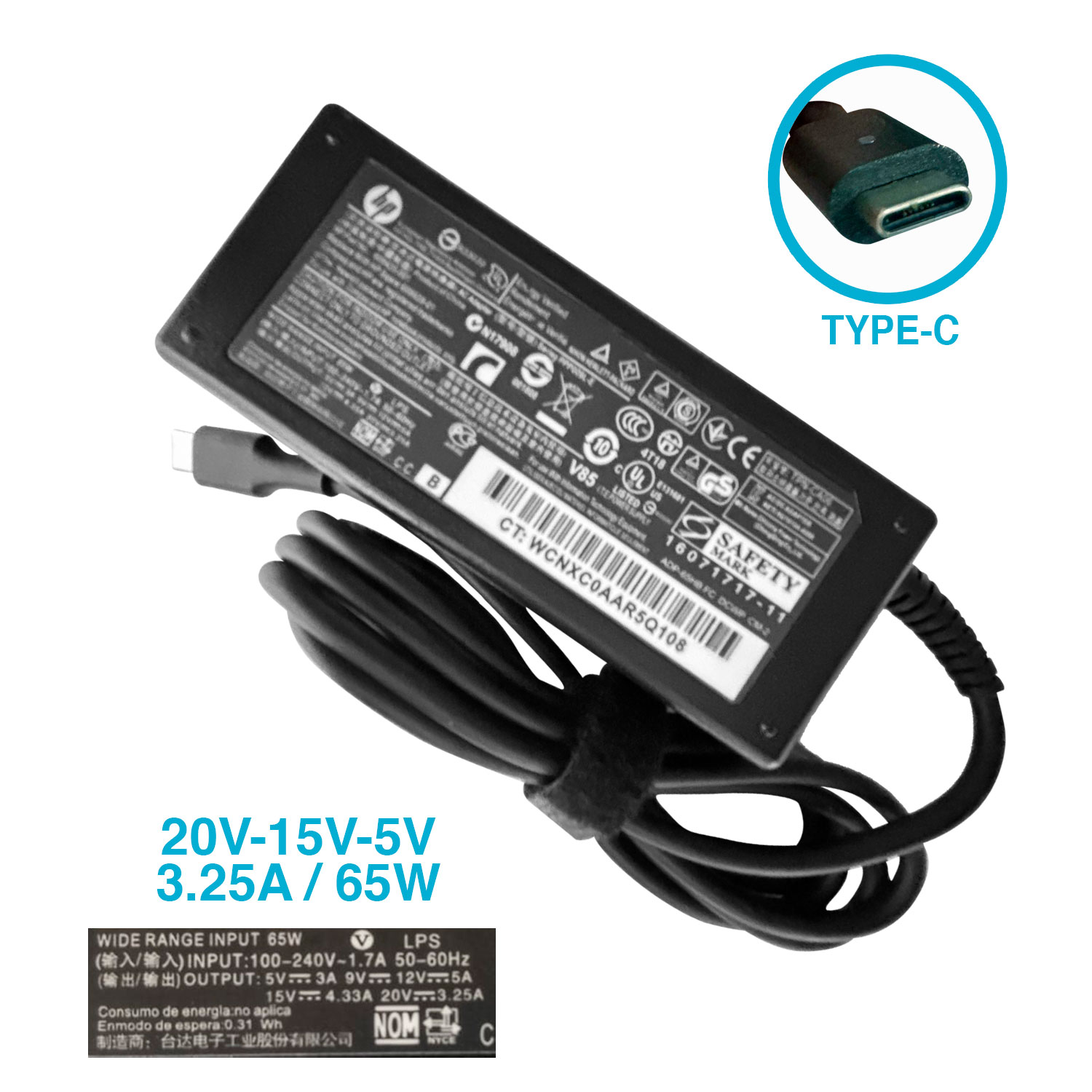 CARGADOR HP TIPO C 20V-15V-5V /3.25A/65W
