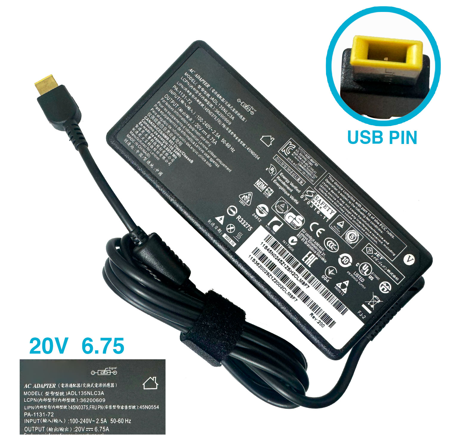 CARGADOR LENOVO 135W 20V 6.75AM TIPO USB