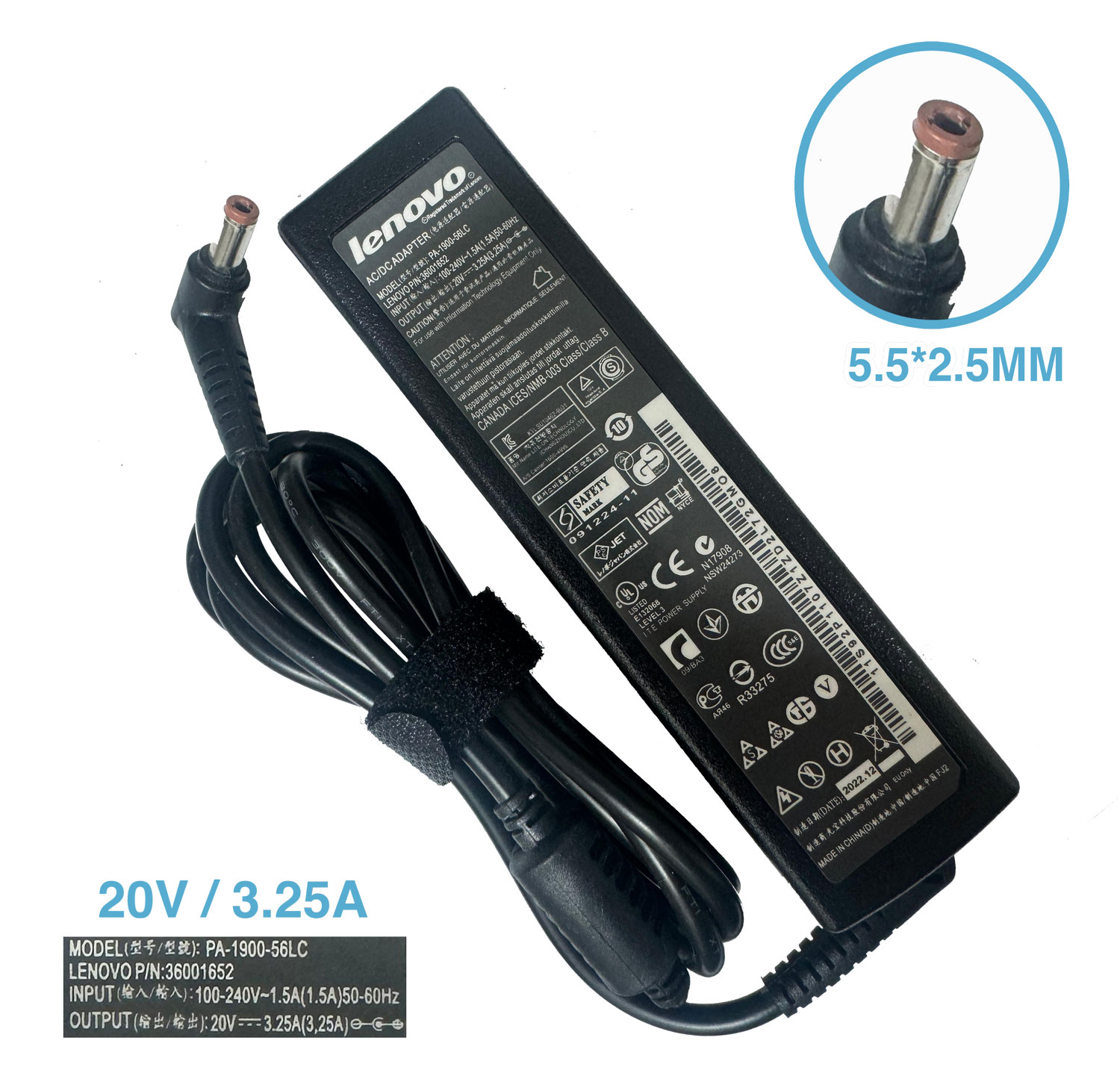 CARGADOR LENOVO 20V 3.25A 5.5X2.5 PUNTA MARRON