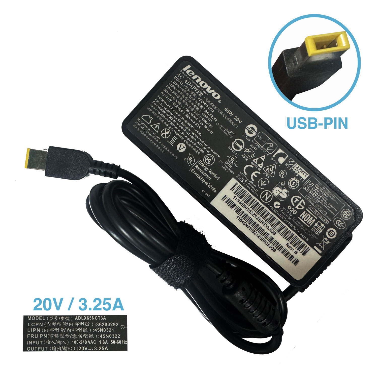 CARGADOR LENOVO 20V 3.25A TIPO USB
